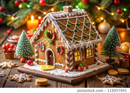 Gingerbread house decorated with colorful candies. High quality photo 118957941