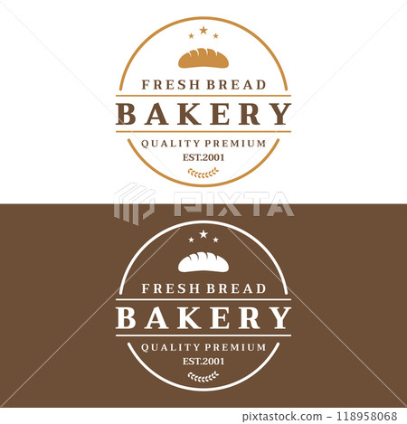 Retro wheat bread logo design template. Badge for bakery, home made bakery, restaurant or cafe, patisserie, business. Retro wheat bread logo design template. Badge for bakery, home made bakery, restaurant or cafe, patisserie, business. 118958068