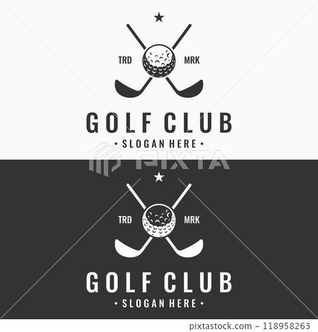 Golf ball and golf club logo design. Logo for professional golf team, golf club, tournament, business, event. Golf ball and golf club logo design. Logo for professional golf team, golf club, tournament, business, event. 118958263