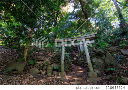 古樸的二郎稻荷神社的鳥居和池塘。東京都文京區 2024 118958624