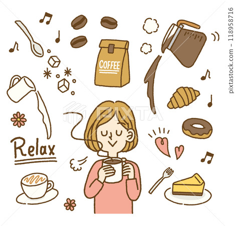 Illustration of a woman relaxing with coffee and a set of coffee-related icons 118958716