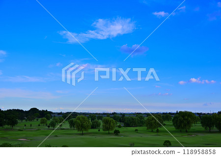 Golf course, Kawagoe Line, buildings towards Tokyo in the background 118958858