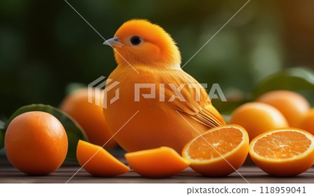 Orange chicks, surrounded by oranges 118959041