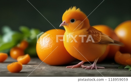Orange chicks, surrounded by oranges 118959059