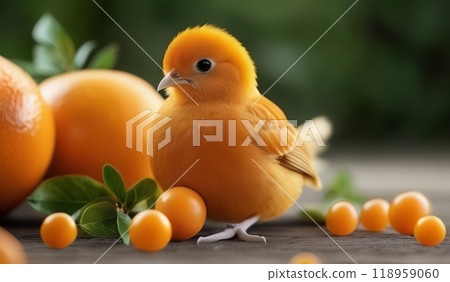 Orange chicks, surrounded by oranges 118959060