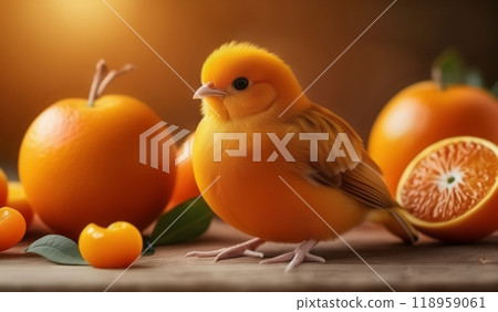 Orange chicks, surrounded by oranges Orange chicks, surrounded by oranges 118959061