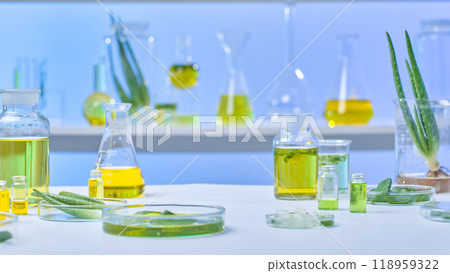 A photographic of a contemporary lab setting, complete with all the equipment needed, including a beaker, cork bottle, petri dish, flask, small bottle, aloe, and several solutions for aloe research. A photographic of a contemporary lab setting, complete with all the equipment needed, including a beaker, cork bottle, petri dish, flask, small bottle, aloe, and several solutions for aloe research. 118959322