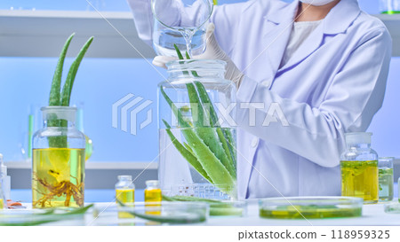 An image sample of a lab scene with aloe vera and solution samples is shown, along with a scientist pouring a clear solution from a huge beaker into a large container of aloe vera and observing. 118959325