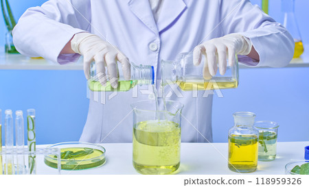 In this image of a modern laboratory, samples of aloe vera and other flasks are arranged around a scientist who is pouring a pale yellow solution from two tiny flasks into a huge pale yellow beaker. In this image of a modern laboratory, samples of aloe vera and other flasks are arranged around a scientist who is pouring a pale yellow solution from two tiny flasks into a huge pale yellow beaker. 118959326