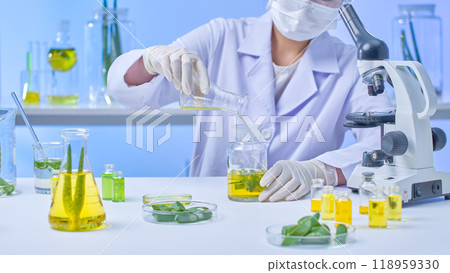 An illustration for a lab template depicts a scientist adding a yellow liquid to a glass aloe vera container. On a table, aloe vera leaves and a green liquid are surrounding the scientist. An illustration for a lab template depicts a scientist adding a yellow liquid to a glass aloe vera container. On a table, aloe vera leaves and a green liquid are surrounding the scientist. 118959330
