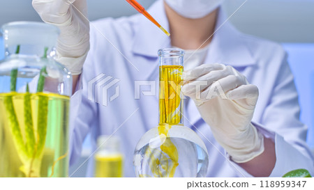 In a contemporary lab environment, a scientist is shown in a close-up picture taken from below, dumping yellow solution into a transparent flask and an aloe vera-soaked cork bottle. 118959347