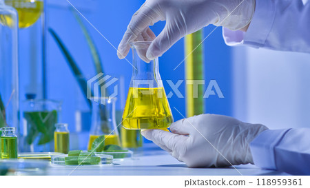 The experimental image shows a scientist holding a flask filled with a yellow fluid while working in a contemporary lab with aloe vera samples and equipment all around. The experimental image shows a scientist holding a flask filled with a yellow fluid while working in a contemporary lab with aloe vera samples and equipment all around. 118959361
