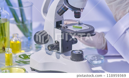 Template photo showcasing a fresh cut aloe slice under a microscope being examined by a researcher, with additional aloe samples contained in clear glass lab equipment surrounding it. 118959369