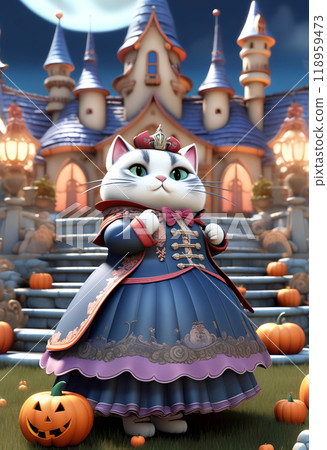 A stylish kitten attending a Halloween party 118959473