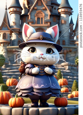 A stylish kitten attending a Halloween party 118959476