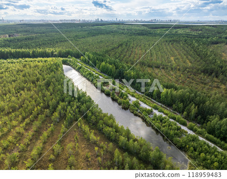 Aerial view of lake or river green shore with forest. Summer season. 118959483