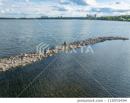 Aerial view of lake or river green shore with forest. Summer season. 118959494