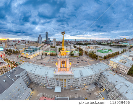 Yekaterinburg City Administration or City Hall and Central square at summer evening. Evening city in the summer sunset, Aerial View. 118959496