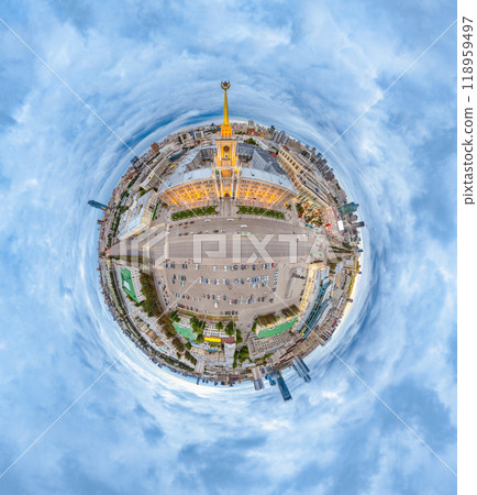 Yekaterinburg City Administration or City Hall and Central square at summer evening. Evening city in the summer sunset, Aerial View. Little planet sphere mode. 118959497