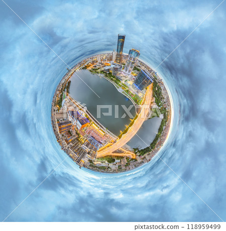 Yekaterinburg city with Buildings of Regional Government and Parliament, Dramatic Theatre, Iset Tower, Yeltsin Center, Aerial View. Little planet sphere mode 118959499