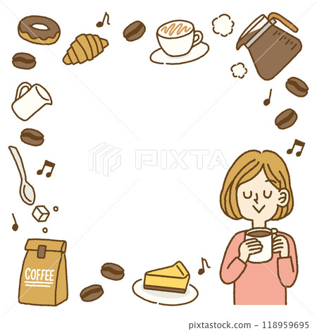 喝咖啡休息放鬆女人圖示可愛的框架方形 喝咖啡休息放鬆女人圖示可愛的框架方形 118959695