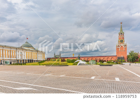 Spasskaya Tower viewed inside Kremlin, Moscow, Russia. 118959753