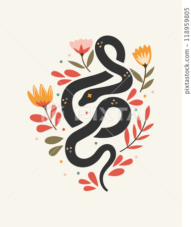 Mystical black snake silhouette with Floral illustration Mystical black snake silhouette with Floral illustration 118959805