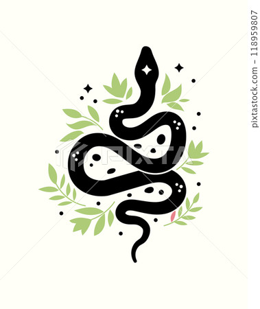Mystical black snake silhouette with Floral illustration Mystical black snake silhouette with Floral illustration 118959807