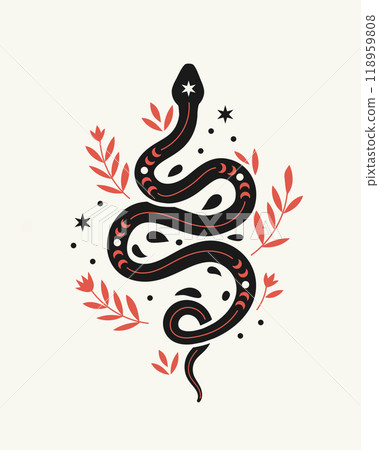 Mystical black snake silhouette with Floral illustration Mystical black snake silhouette with Floral illustration 118959808