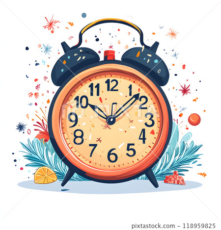 Illustration of a clock and colorful fireworks announcing the New Year 118959825