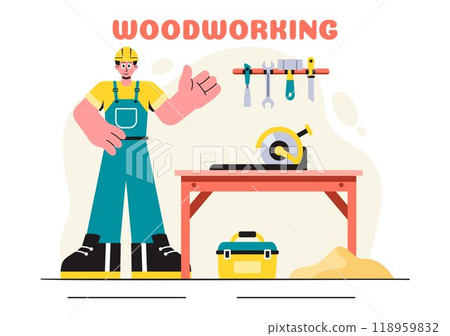 Woodworking Vector Illustration featuring Modern Craftsmen and Workers Producing Furniture Using Tools in a Flat Cartoon Style Background Woodworking Vector Illustration featuring Modern Craftsmen and Workers Producing Furniture Using Tools in a Flat Cartoon Style Background 118959832