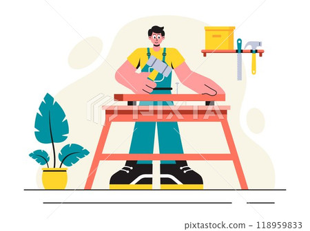 Woodworking Vector Illustration featuring Modern Craftsmen and Workers Producing Furniture Using Tools in a Flat Cartoon Style Background Woodworking Vector Illustration featuring Modern Craftsmen and Workers Producing Furniture Using Tools in a Flat Cartoon Style Background 118959833