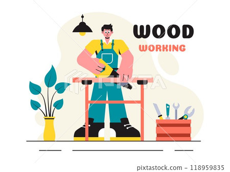 Woodworking Vector Illustration featuring Modern Craftsmen and Workers Producing Furniture Using Tools in a Flat Cartoon Style Background 118959835