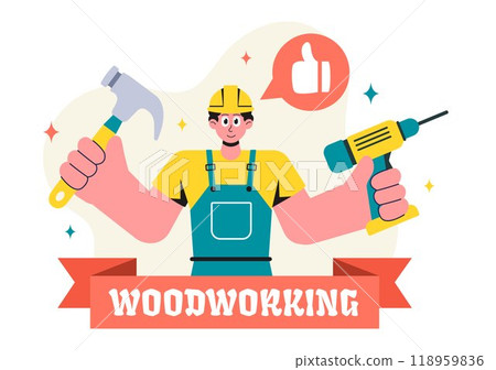 Woodworking Vector Illustration featuring Modern Craftsmen and Workers Producing Furniture Using Tools in a Flat Cartoon Style Background 118959836