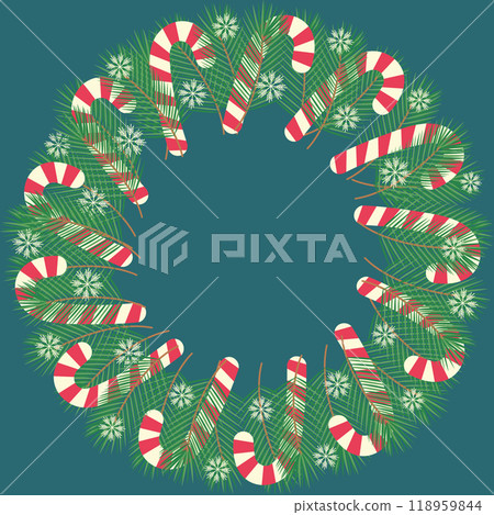 Striped candy cane, spruce twigs and snowflakes on dark emerald background Circle frame Copy space 118959844