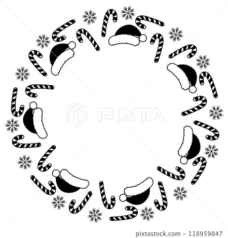 Candy cane, Santa caps and snowflakes Black and white Round Frame border in doodle style, Copy space 118959847