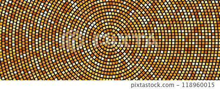 Radial gold disco party pattern. Golden square sequin mosaic texture background. Abstract yellow orange shining glitter halftone wallpaper. Pop up comic sparkling glitter and strass backdrop. Vector 118960015