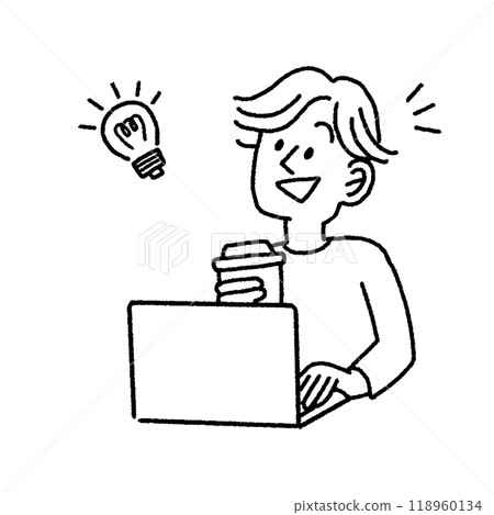 一位商人在工作時喝咖啡後想出一個主意的單色插圖 一位商人在工作時喝咖啡後想出一個主意的單色插圖 118960134