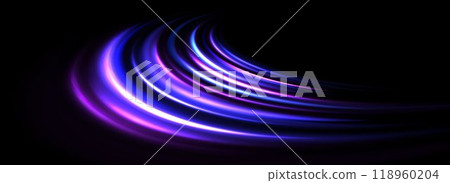 Glowing neon light trail background. Bright blue purple speed lines. Magic luminous curved swirl concept. Abstract spiral dynamic rotating stripes. Bright streaks for poster, banner, flyer. Vector Glowing neon light trail background. Bright blue purple speed lines. Magic luminous curved swirl concept. Abstract spiral dynamic rotating stripes. Bright streaks for poster, banner, flyer. Vector 118960204