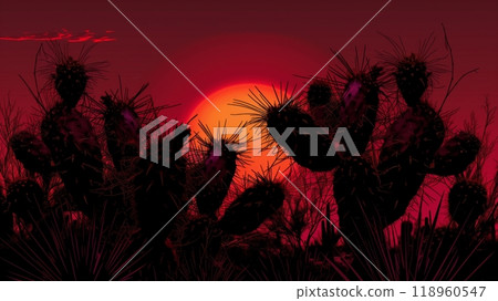 Spiky desert cacti silhouette against a dramatic red sunset, painting the sky in fiery hues. 118960547