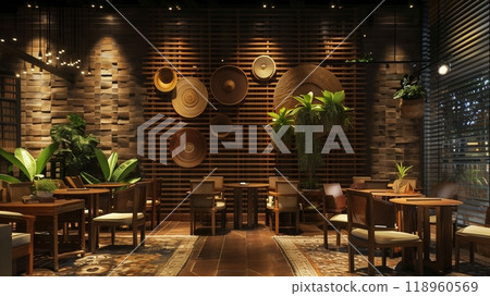 A rustic-chic interior with 25mm slat wall cladding and ambient lighting creates a warm, cozy ambiance. 118960569