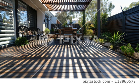 A 25mm slat deck features intricate spacing, creating captivating, shifting shadows as the sun moves. 118960572