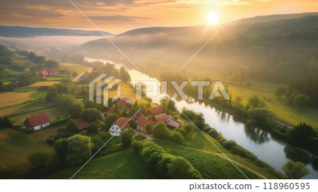 A peaceful village with rolling hills, a serene river, and a warm sunrise symbolizes pension payment tranquility. 118960595