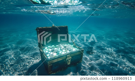 A treasure chest at the ocean's bottom overflows with glowing coins and gems, drawing curious fish. 118960913