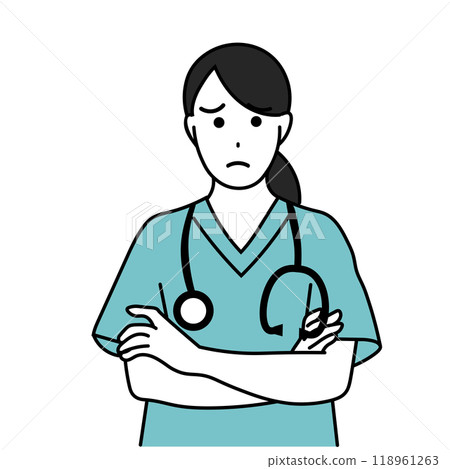Illustration of a female medical worker in a troubled pose with her arms folded 118961263