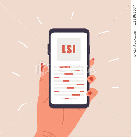 Lsi keyword service. Latent Semantic Indexing. Female hand is holding smartphone with Key phrases generator. Vector illustrations in cartoon style. Word search optimization Lsi keyword service. Latent Semantic Indexing. Female hand is holding smartphone with Key phrases generator. Vector illustrations in cartoon style. Word search optimization 118961574