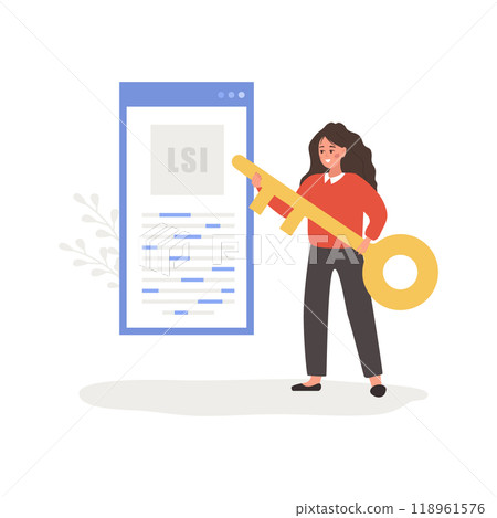 Lsi keyword. Latent Semantic Indexing. SEO concept. Vector illustration in flat cartoon style. Female character with key is engaged in Web analysis and word search optimization 118961576