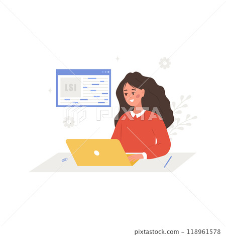 Lsi keyword generation. Latent Semantic Indexing. Key phrases generator. Vector illustration in cartoon style. Female character with laptop is engaged in Web analysis and word search optimization Lsi keyword generation. Latent Semantic Indexing. Key phrases generator. Vector illustration in cartoon style. Female character with laptop is engaged in Web analysis and word search optimization 118961578