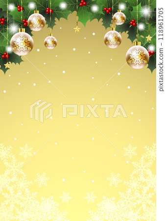 聖誕背景，冬青和裝飾品，金色，雪，可愛，插圖，垂直 118961705
