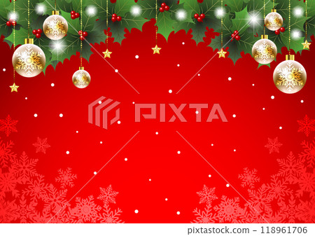 聖誕背景，配有冬青和裝飾品，紅色，雪，可愛，插圖，水平 118961706